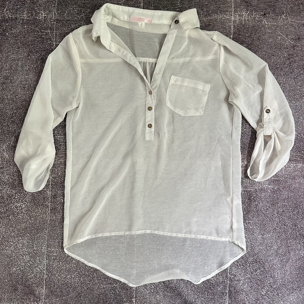 Women's Free 2 Luv White Sheer Button Up Collared Beach Summer Shirt Sz S